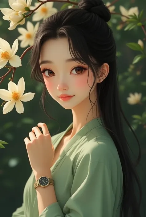 A beautiful girl with long black hair that tied simple and sharp Hazel eyes, with small smile and soft gaze. Wear a soft Green blouse, and a hand watch in her right hand. With golden Magnolia and dark green leaf as her background.