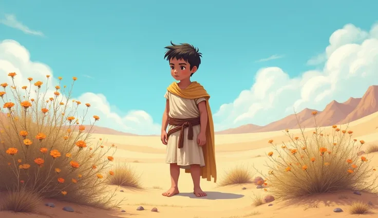  boy lives in a desert, Roman regime, desert bush, blue sky, bush flower