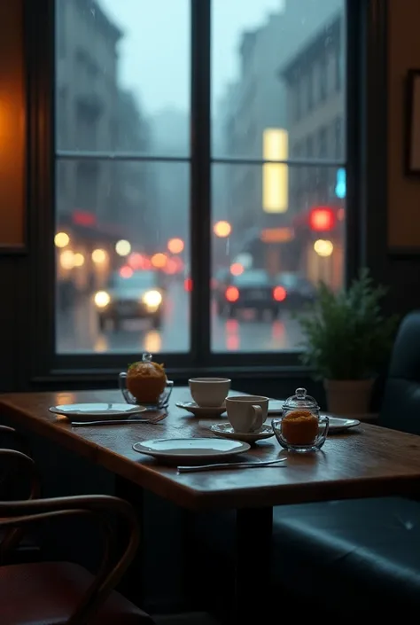 Restaurant table. Window. Table. Coffe. Food. Outside rain. Restaurants. Car. No man