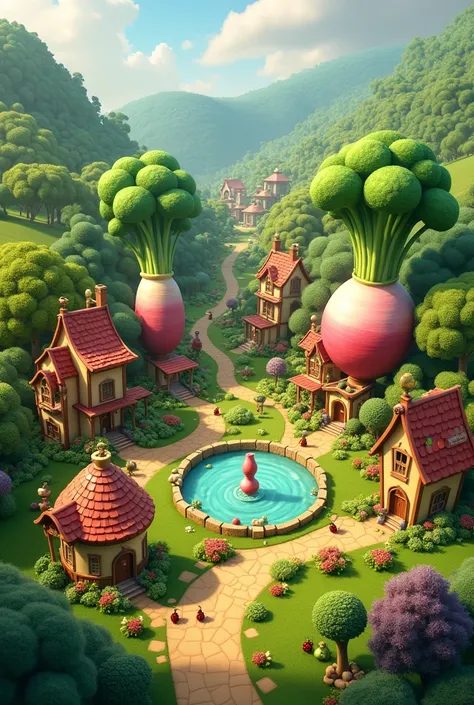 Disney Pixar style Create a detailed, colorful image of a whimsical vegetable village set in a lush, green countryside. Each building and structure in the village is designed to resemble a different type of vegetable. Houses are shaped like pumpkins, cucum...