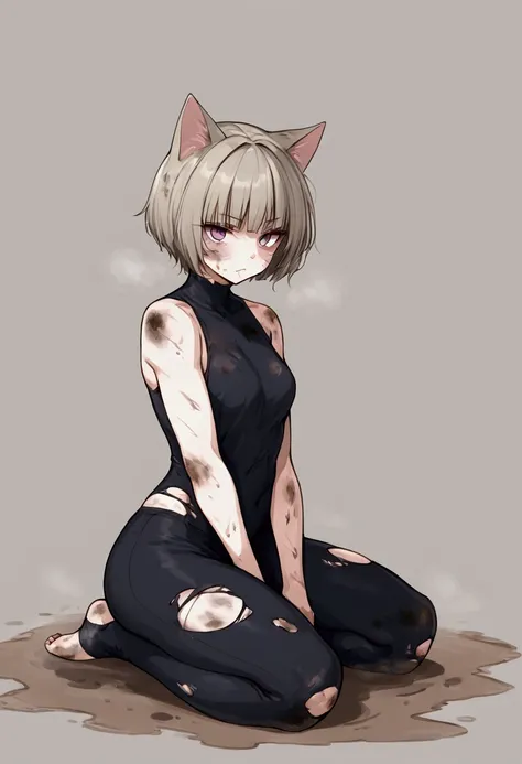 a cat girl,  big and strong very strong , short hair with bangs,white,face dirty with dust,  short dirty and torn clothes.  full...