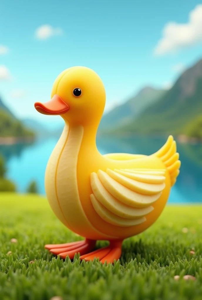 An ultra-realistic 3D image of a cute, abstract duck ,  made entirely of fruits and vegetables .  The ducks neck is a curved banana ,  forming a smooth, natural line connecting the head to the body . The head is rounded ,  with a beak made of carrot ,  sta...