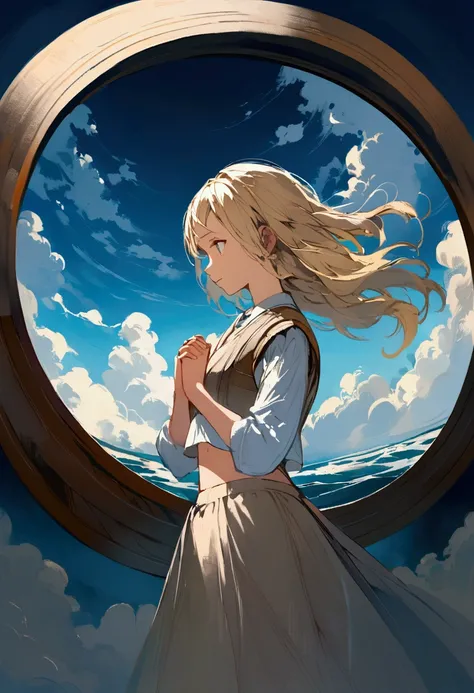 Anime girl with long, flowing golden hair, serene expression,  standing with hands clasped at her midriff.  Shoulder-length,  light blonde hair blows softly around her face.  A light, expressive anime style, with detailed  blue and beige attire featuring a...