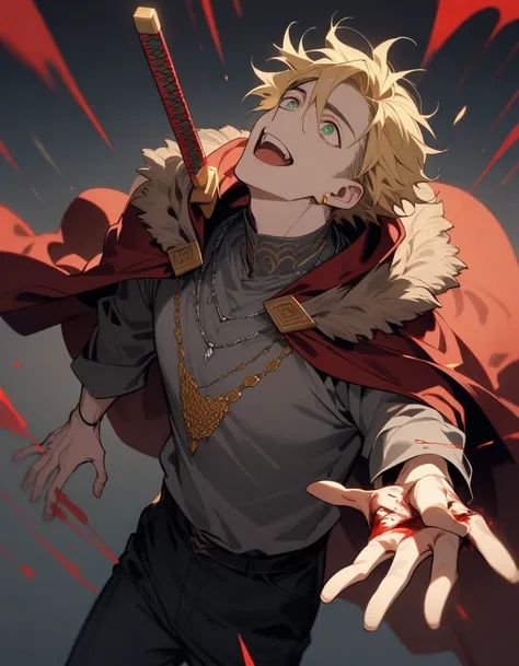 One person, Half body, one adult man, handsome, wearing a grey shirt with cloak, black long pants, two block haircut, sixpack, silver necklace, yellow hair, green eyes, gold earing, holding a red katana, Blood, Laughing at the Sky, looked up, open mouth, s...