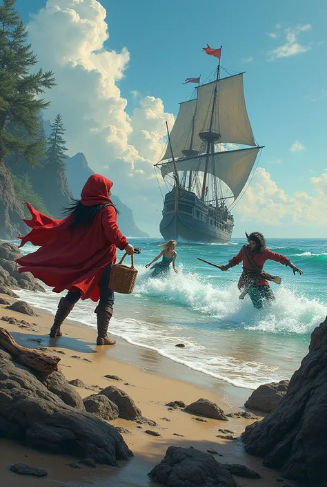 On the shores of the sea near a pirate ship were Little Red Riding Hood and the Little Mermaid fighting the pirates and the wolf rescuing the little grandmother