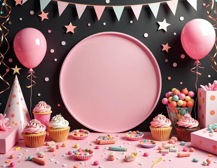 Create an image featuring a variety of sweets, party supplies, and disposable items, such as candies, cupcakes, balloons, and party favors, arranged in a festive setting. The colors of the scene should focus on black, pink, and white, with a modern and pla...