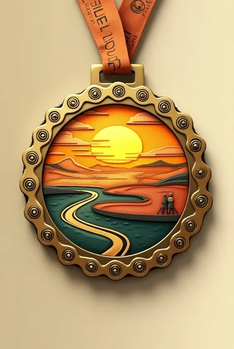 Round medal with bicycle chains on the edges, Gold and Sun Bird Route logo
