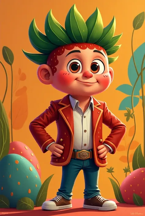 Create an image of a young man looking like a strawberry with stylish playboy marra in Cartoon Network cartoons 