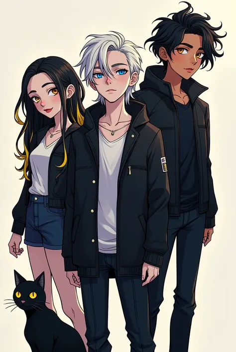 Webtoon-style image of a very attractive young adult Kayl man with white skin and very blue eyes ,  who has BLACK and smooth hair, that he has a serious face and that he appears in the center with a black cat with yellow eyes .
 Let Ellie stand out as an a...