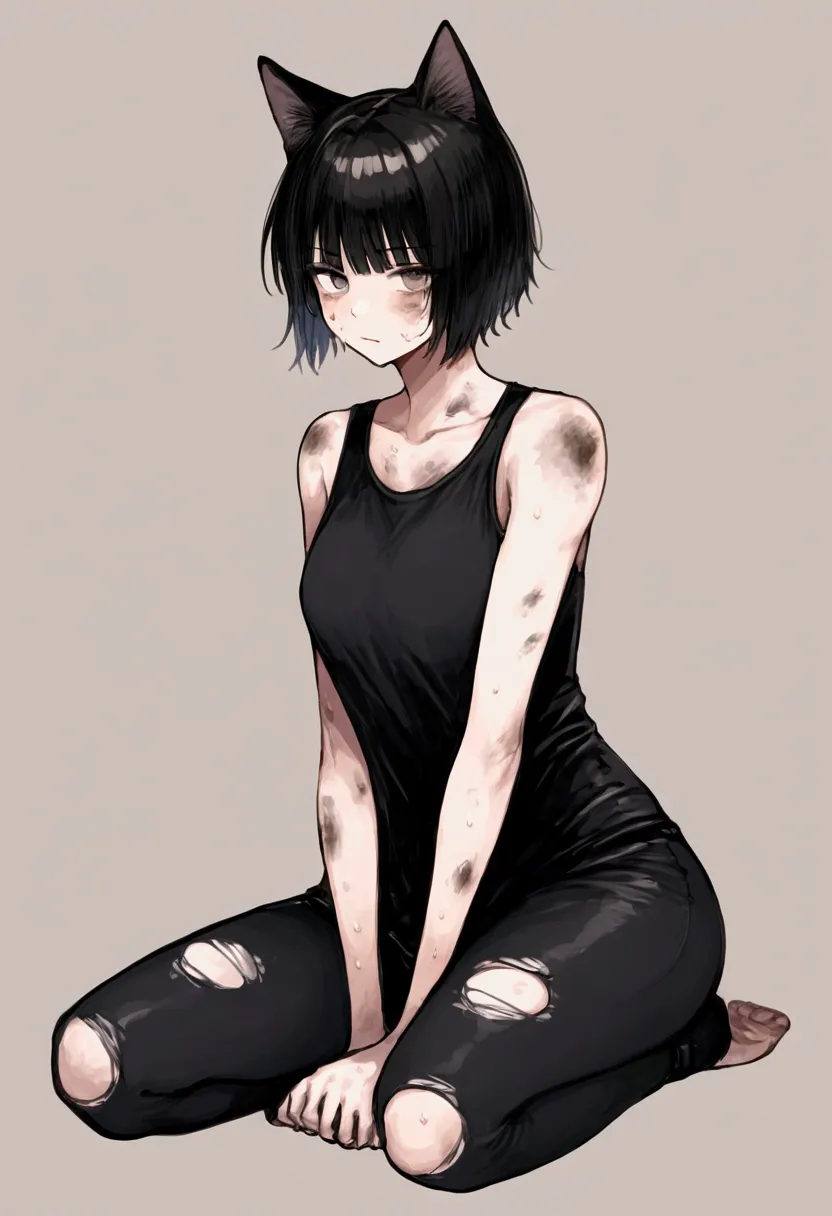 a cat girl,  big and strong very strong , short hair with bangs,white,face dirty with dust,  short dirty and torn clothes.  full...