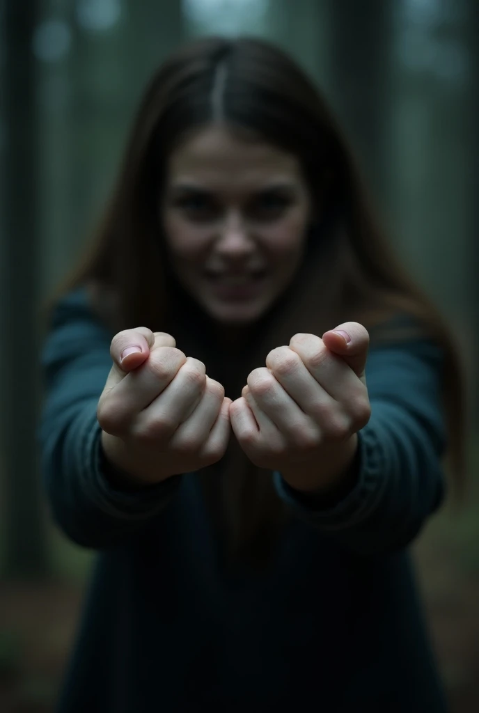  Close-up of female hands struggling to let go , with tension on the fingers .  The setting is dark and blurry ,  suggesting a forest environment or secluded place .  The image must convey a sense of dread and despair