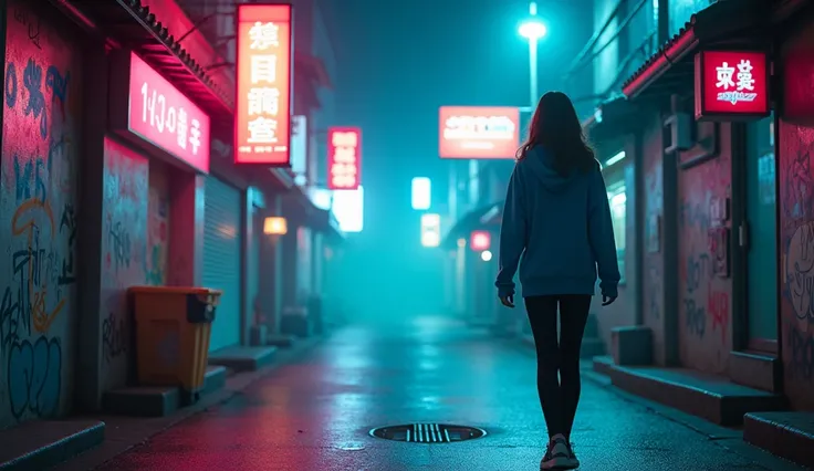 A beautiful young woman wearing a blue hoodie, walks down a city street with a night atmosphere filled with bright neon. Shops in the background have glowing signs in East Asian languages, surrounded by graffiti walls. Faint green smoke blankets the wet su...