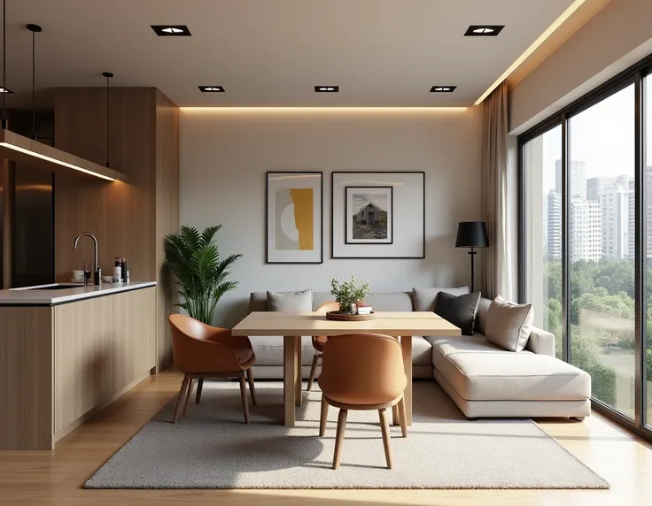 A three-bedroom apartment in an urban setting, with spacious living and dining areas, a cozy kitchen, a full bathroom, and a dedicated laundry space. Modern furnishings in a medium-sized apartment, emphasizing comfort and functionality."