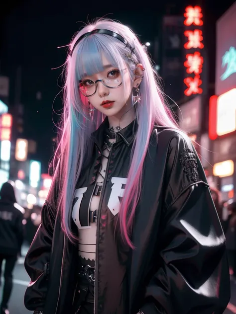 Redhead、Goth_punk, One Girl, alone, Medium Shot, Walking around Harajuku, ((at night)), Bokeh Depth of Field, Neon Light, Rainbow Eyes, Starry Sky, Red glowing hair, White eyebrows, Shiny Hair, (Iridescent white hair), Earrings, Bans, gem, mask, Blunt bang...