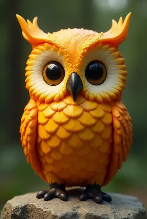 8k, ultra-realistic.  A detailed sculpture of an owl with a friendly appearance ,  made in vibrant colors of orange and yellow .  The owls feathers are modeled like small scales with a realistic texture effect, standing out one by one .  The owl has large ...