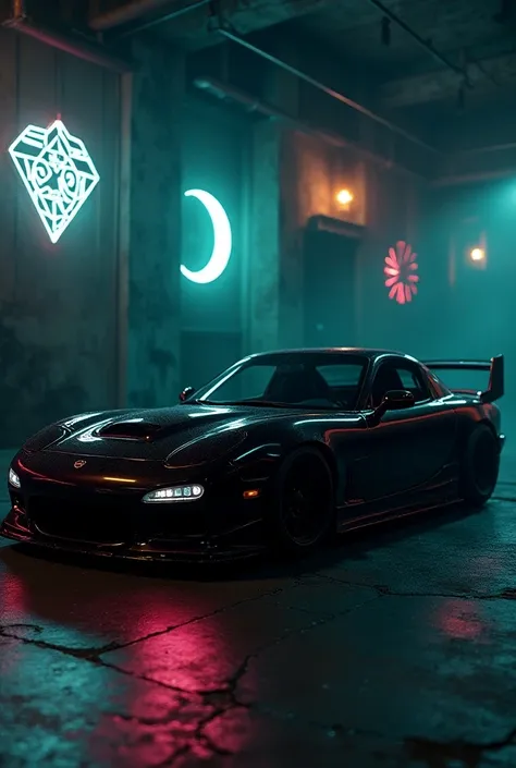 Create an image of Mazda RX7 FD with an aggressive and arcane mid-night club style