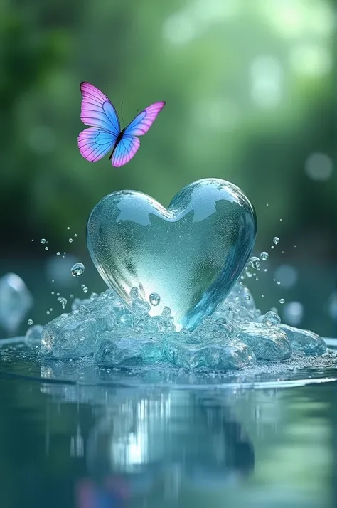  Blurred green background image with black and purple with a blue butterfly with pink wings flying around a floating heart in movement of transparent glass with the name standing out in 3d "ANTONELLA ROSSIBEL TREJO ROSALES  " in dark two-tone color in 3D v...