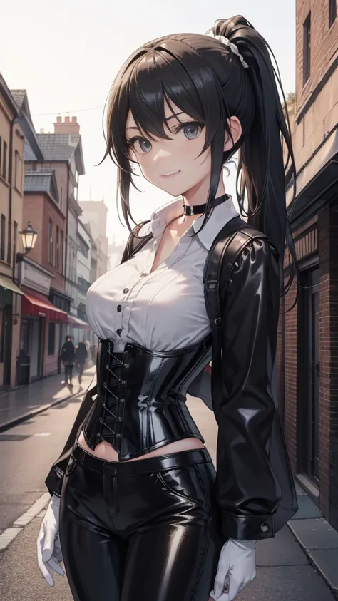  masterpiece ,  The best quality, high resolution,  beautiful detailed eyes ,  extremely detailed face, Detailed CG, 1 girl; standing,  view from the front,  tender expression , draw smile,  black hair short ponytail, brown eyes, He wears black headphones ...