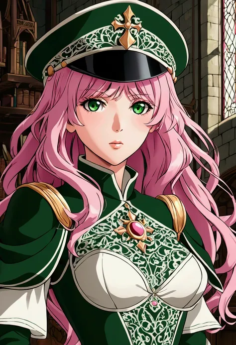 masterpiece, ((ultra detailed background, delicate pattern, intricate detail)), (highly detailed, fine details), best quality, ((medium breasts, slim girl)), Princia, 1girl, solo, long hair, military hat, cap, fur trim, military uniform, green eyes, ((pink...