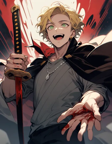 One person, Half body, one adult man, handsome, wearing a grey shirt with cloak, black long pants, two block haircut, sixpack, silver necklace, yellow hair, green eyes, gold earing, holding a red katana, Blood, Laughing at the Sky, looked up, open mouth, s...