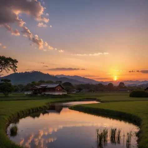 Best Quality,  face focus , Soft light,  ultra high resolution , ( photorealistic from thigh to toe:1.4),  RAW Photos,
"In a quiet countryside at sunset, the sky is painted in a deep red glow. In the foreground, vast rice fields stretch out, their golden s...