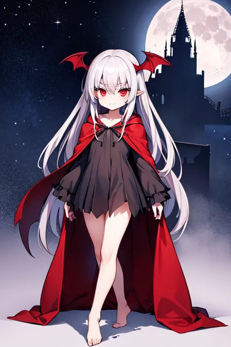 a naked vampire wearing a cloak、small breasted girl、thin limbs、bloody、night、full moon、 look down、long silver hair、red eyes、cheek...