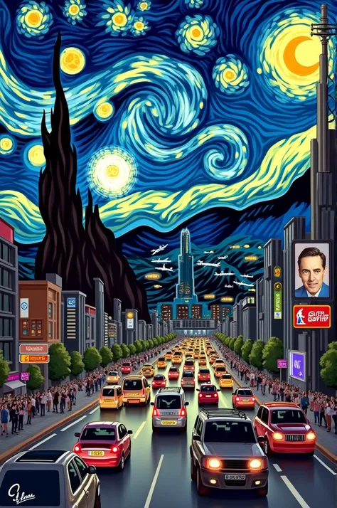  Heres an idea for a fun parody of The Night
Starry ,  that you could title  " The congested night ":
 The Congested Night
Imagine that instead of being a serene landscape full of swirls
in the sky ,  the scene is transformed into a modern parody of a
city...