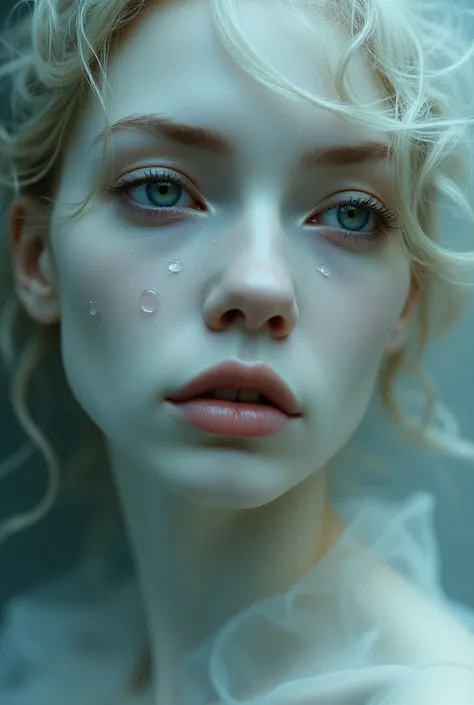 Realistic lighting,  Masterpiece: , Gorgeous portrait photo of a pale pale sad woman with tears smeared on her cheeks 4k fantasy picture psychedelic image abstract image