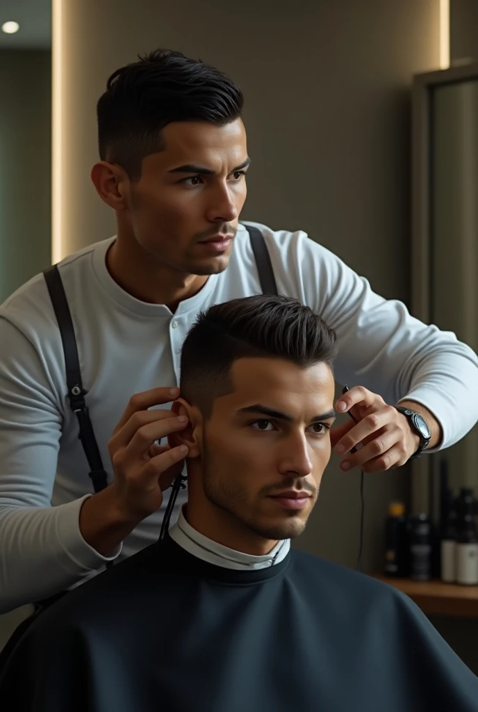  Ronaldo is cutting a hair of a person