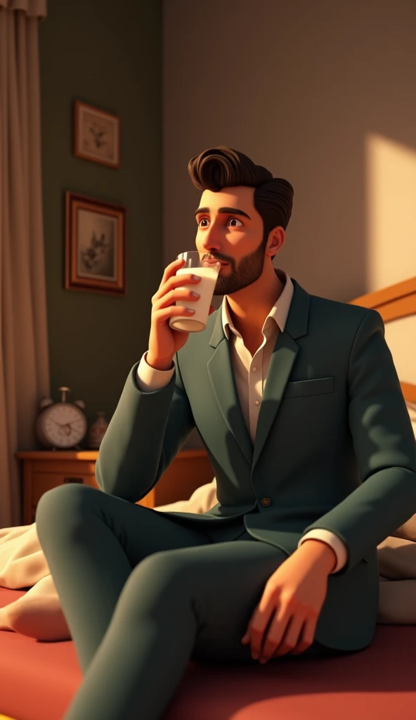 Close -up a man sitting talking the milk in the bedroom 3D animation,wear attractive clothes suits salwar,good figure,