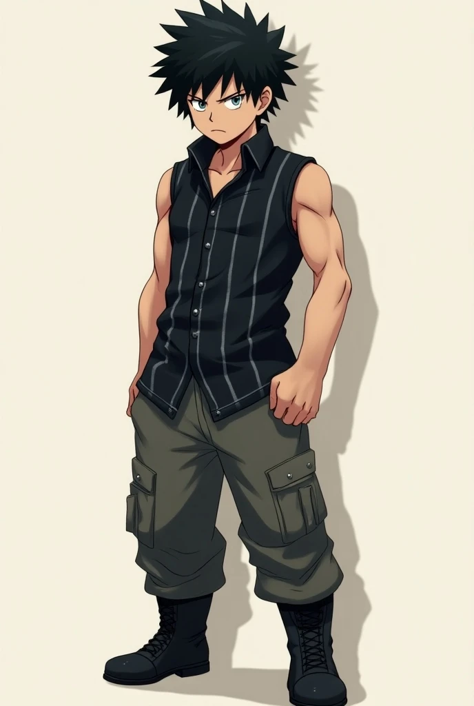 a character (In the Boku no Hero Academia )  drawing style with medium-short, slightly bristled, jet-colored hair, silver eyes,  a small scar on the lower left lip ,  brown skin ,  does not wear any type of jewelry , Cold expression, sleeveless black flann...