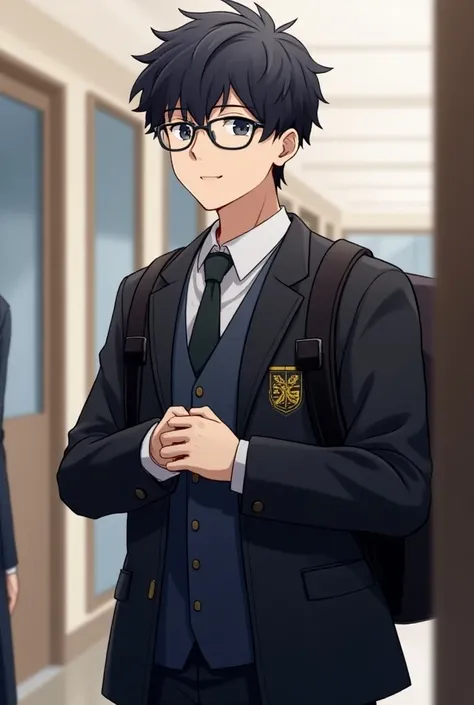  a student wearing a black jacket with an emblem on the left side of his chest,  accompanied by a white shirt and a tie .  He has glasses and wears a backpack on the back . His posture is relaxed,  and he seems to be smiling while holding something with hi...