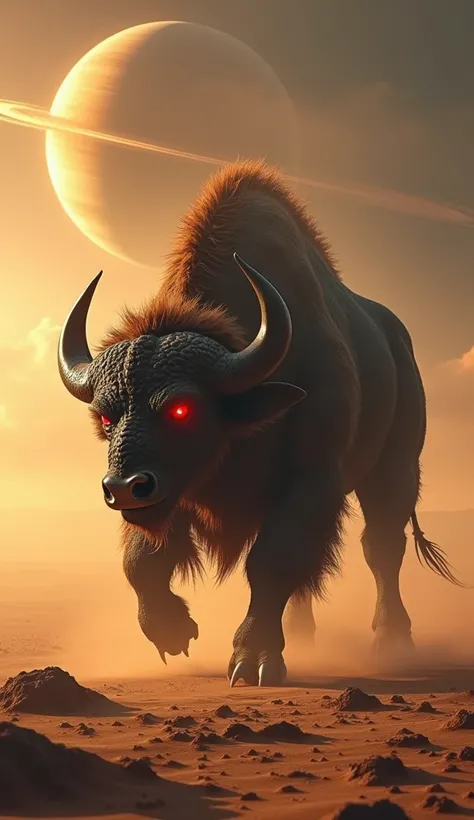 A buffalo-dragon hybrid with .  terrifying red eyes in the desert with Saturn in the back with rays 