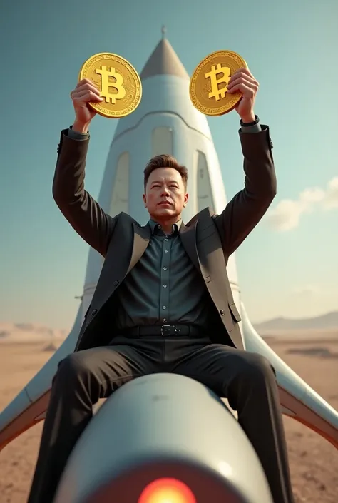 Elon musk with dogecoin not bitcoin in his hands over his head sit on rocket