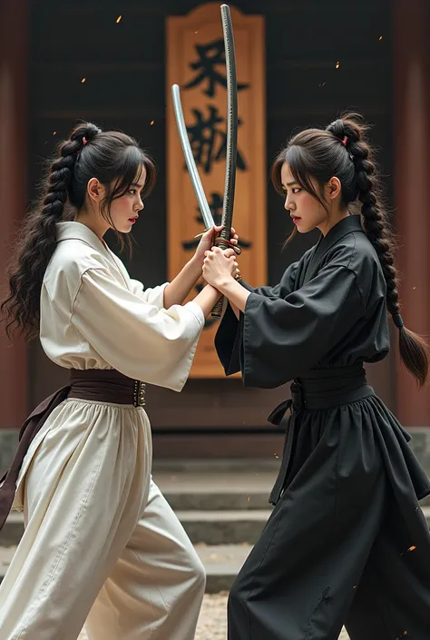  image of two 20-year-old women dressed as ninjas in combat position fighting with katanas in a Japanese hall ,  one of them wears a white ninja kimono and the other a black ninja kimono torn from behind inside a Japanese temple,  the blades of the swords ...