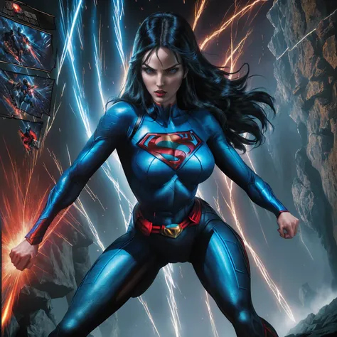 A woman with long black hair and blue eyes, wearing a red and blue superhero costume, powerful superhero pose, dynamic action scene, (best quality,4k,8k,highres,masterpiece:1.2),ultra-detailed,(comics,photocomic,photo-comic:1.37),cinematic lighting,dramati...