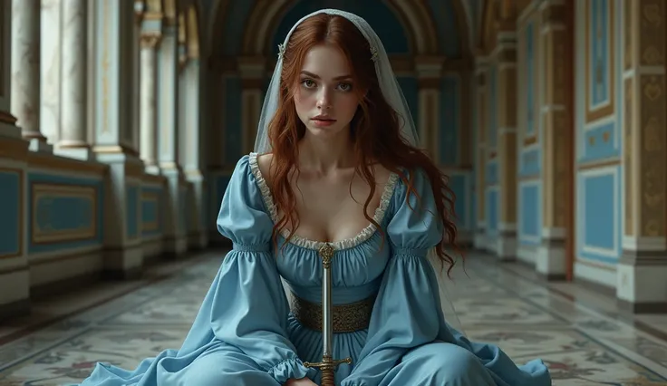 Image of a young woman on her knees with tears in her eyes, with long dark auburn hair, brown eyes and a delicate face, wearing a sky-blue medieval-style dress and a veil of the same color as her dress, holding a dagger in her hand. Behind her is a palace ...