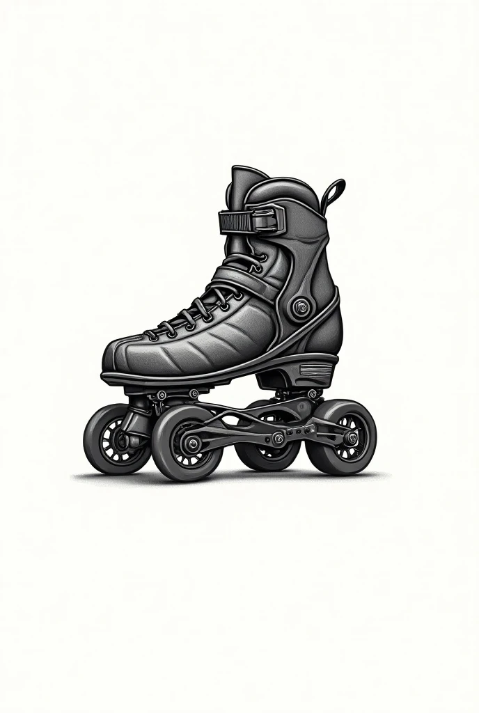 Detailed tattoo design showing the wheels and frame of an inline skate in a vertical orientation. Focus on clean lines and intricate details of the skates structure, with emphasis on the wheels and the frames design. Minimalistic style with a slight edgy, ...