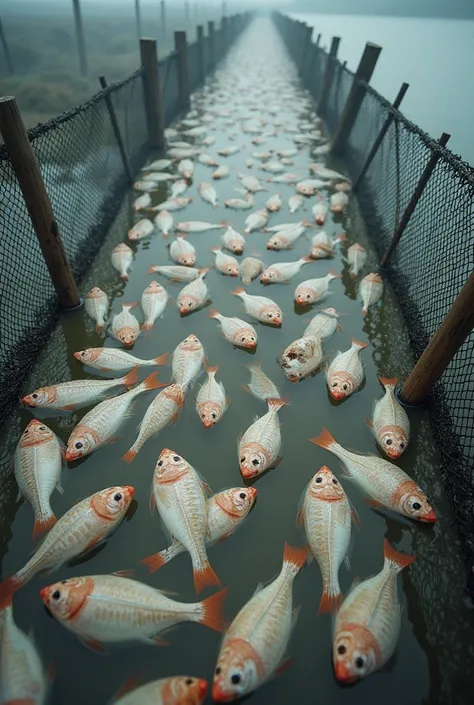 thousands of dead tilapia fish floating on the surface of the reservoir water, around the fish you can see a fence made of nets, real pics high quality