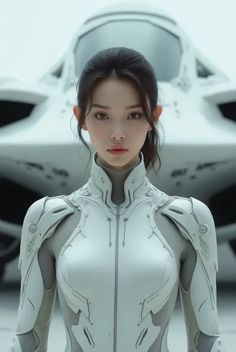   person in futuristic costume standing in front of a spaceship,   beautiful Japanese woman wearing futuristic white armor  ,   girl wearing mecha cyber armor  , クールな Cyborg movie stills  , science fiction suit, Sci-Fi Suit,  Cyborg movie stills  , 多様なCybe...