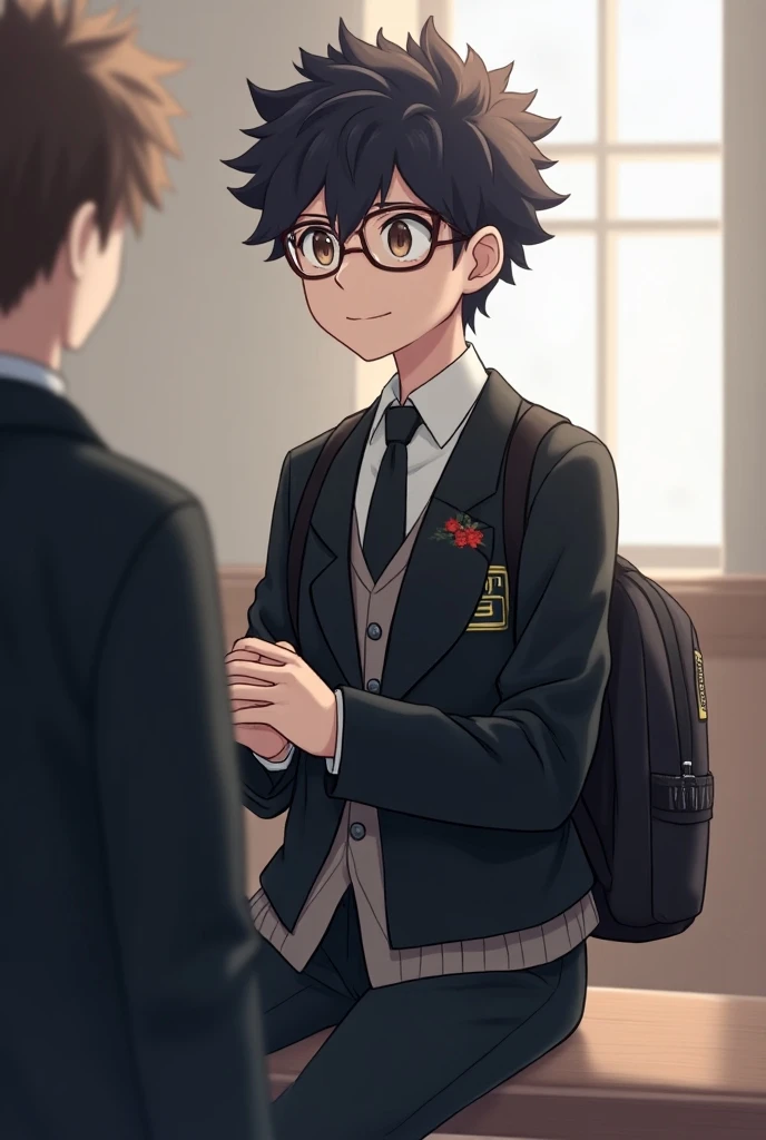  a student wearing a black jacket with an emblem on the left side of his chest,  accompanied by a white shirt and a tie .  He has glasses and wears a backpack on the back . His posture is relaxed,  and he seems to be smiling while holding something with hi...