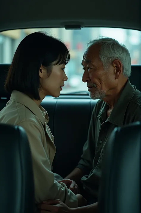 behind the car seat、A hot young Japanese student and a Japanese old man are facing each other