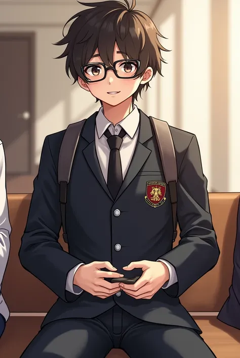  a student wearing a black jacket with an emblem on the left side of his chest,  accompanied by a white shirt and a tie .  He has glasses and wears a backpack on the back . His posture is relaxed,  and he seems to be smiling while holding something with hi...