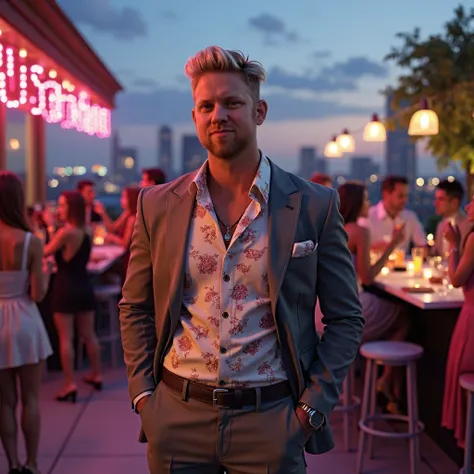 a 39yo Blonde male deejay wearing a funky stylish pastal  khaki pattern shirt and classy suit jacket, he has a slightly chubby body, he is at a cocktail event on a city rooftop bar, (maintain original pose from source image) (photo realistic) clear image