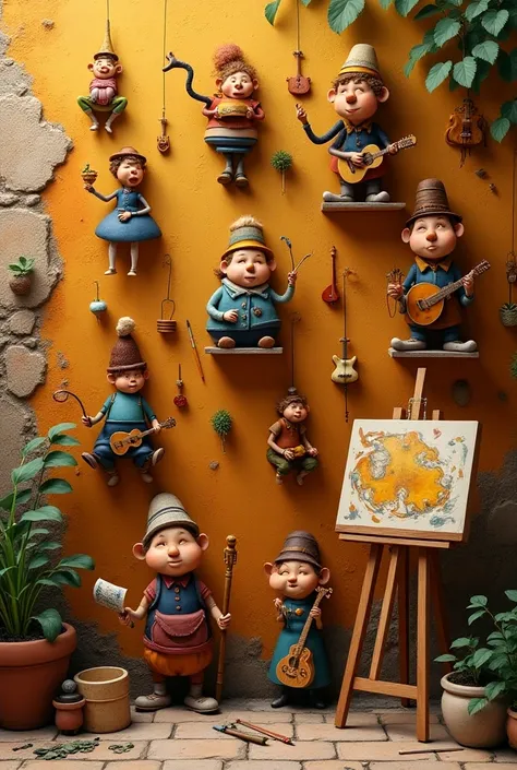 Wall decorated with small artists and instruments 