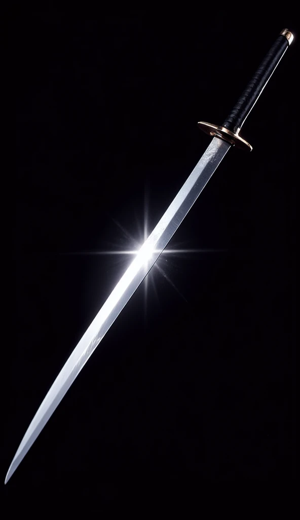 Katana, Japanese sword, smooth, shiny silver plated, brilliant mirror finish, metal plated, jet black background cut diagonally in half, professional lighting, best quality