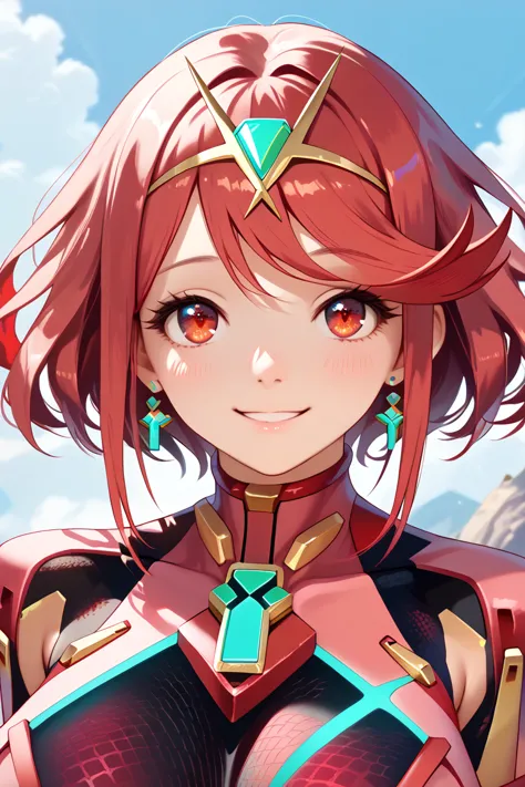 4k, Master piece, detailed, pyra, sexy, detailed, smile, cristaly clare eyes, red eyes, a smoot light from behind, smile, 