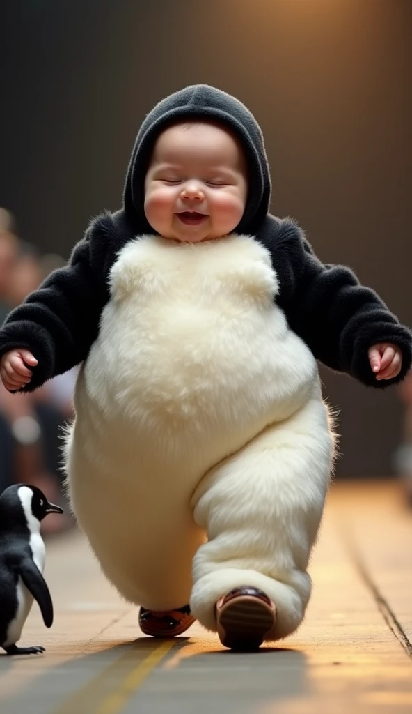 An incredibly round, super-plump baby dressed in a black-and-white penguin costume, with multiple layers of fat rolls on their chubby arms and thick, squishy thighs that press together, creating folds at each step. Their face is almost completely hidden by...