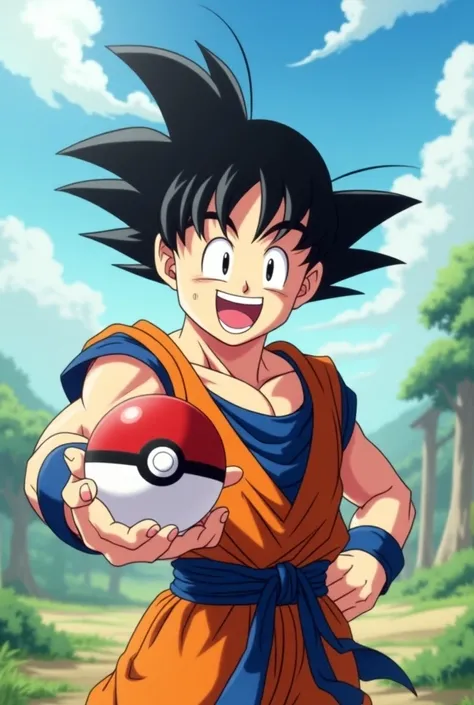 Cheerful Goku holding a Pokébola looking at the camera 