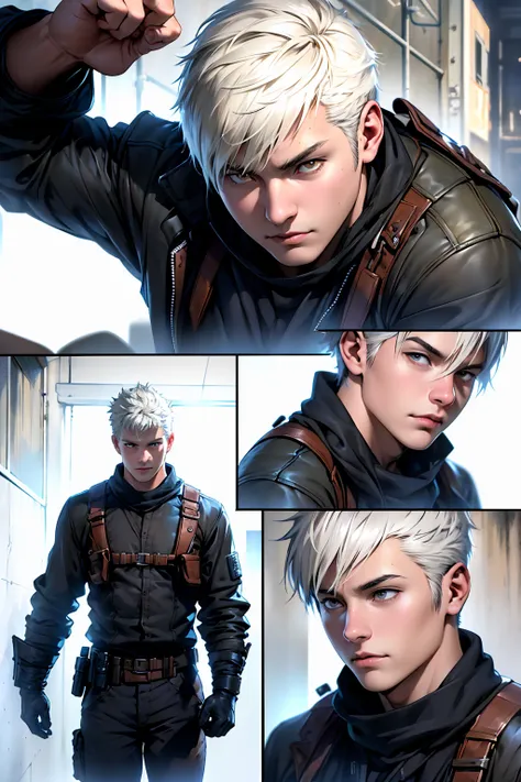  Young man with a calm expression and a confident look , white hair, yellow eyes,  wearing brown shoulder holster with a cleaver , ((Kento-Nanami )),  wearing half-finger tactical gloves, military boots, Black and grey clothes;  He is surrounded by a white...